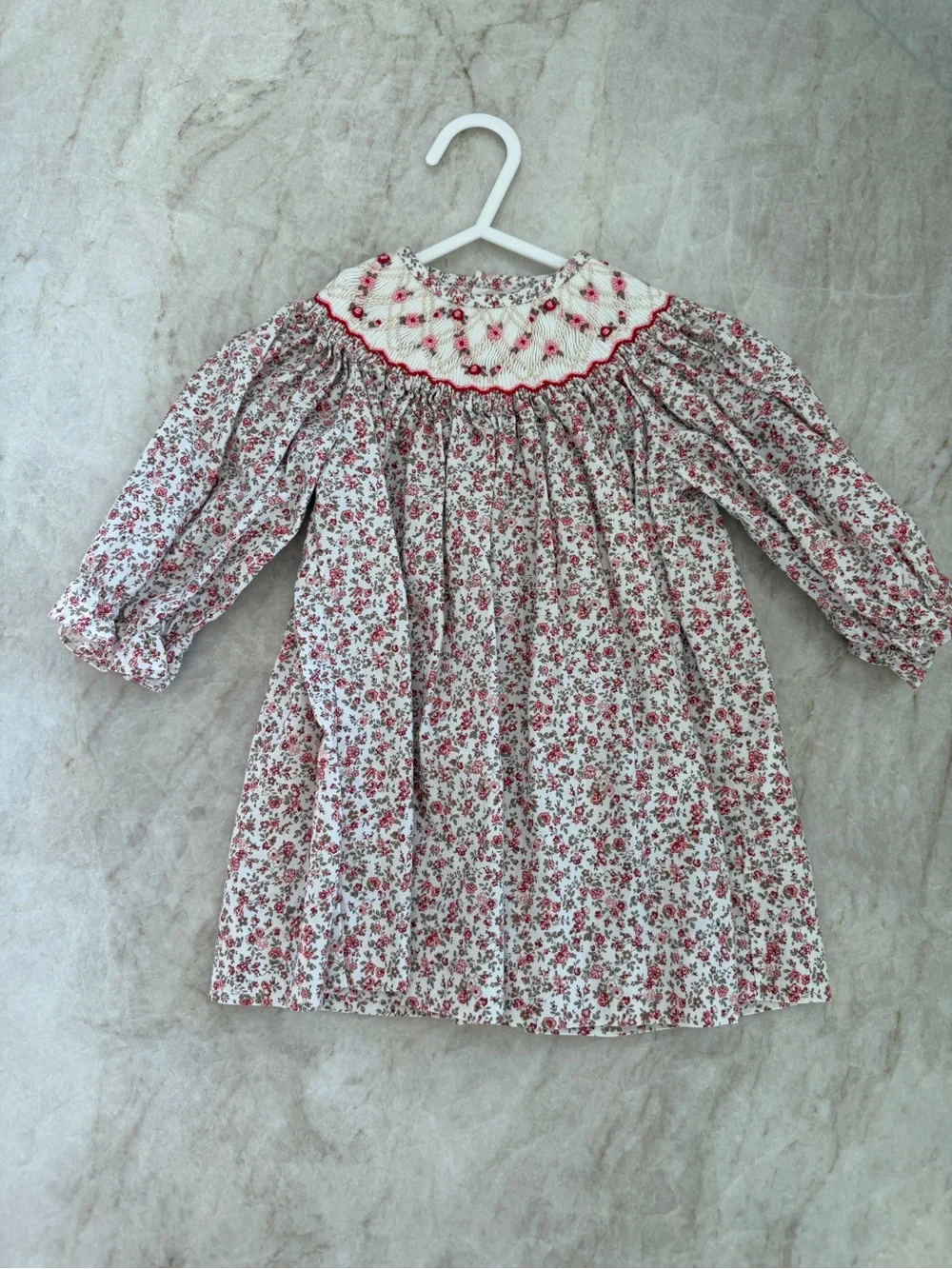 Girls' Floral Smocked Long Sleeve Dress - White with Red Floral- Luli & Me